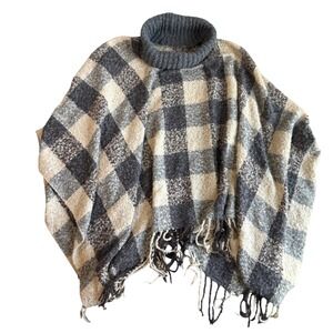 Turtleneck Fringe Poncho Plaid‎ Checkered Cape Gray Beige Acrylic Cozy